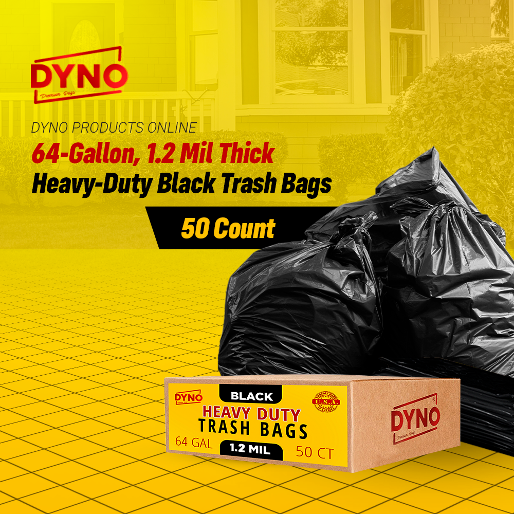 Dyno Products Online 64 Gallon Heavy Duty Trash Bags, 50 Count, 1.5 Mil  Black - Individually Folded, Industrial Strength, Made in USA
