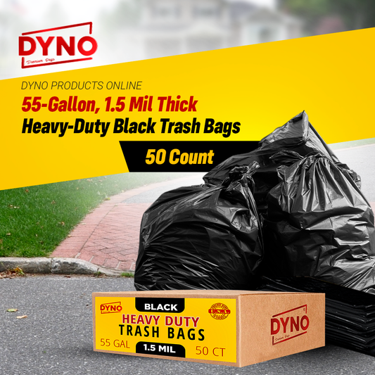 Dyno Products Online 55-Gallon, 1.5 Mil Thick Heavy-Duty Black Trash Bags, 50 Count - Large Plastic Garbage Liners Fits Huge Cans for Home Garden Lawn Yard Recycling Construction & Commercial Use