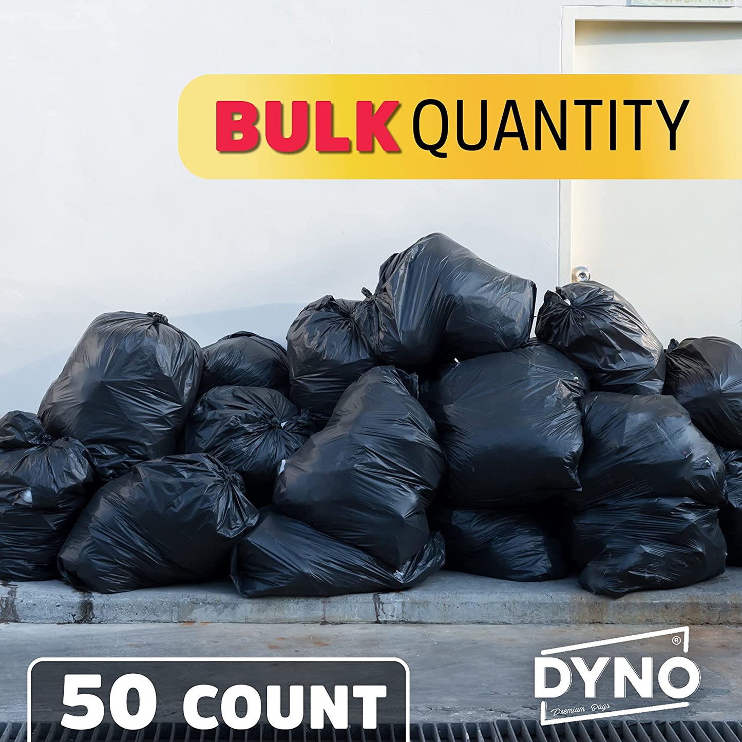 Dyno Products Online 64-Gallon, 1.5 Mil Thick Heavy-Duty Black Trash Bags - 50 Count Extra Large Plastic Garbage Liners Fit Huge Cans for Home Garden Lawn Yard Recycling Construction & Commercial Use
