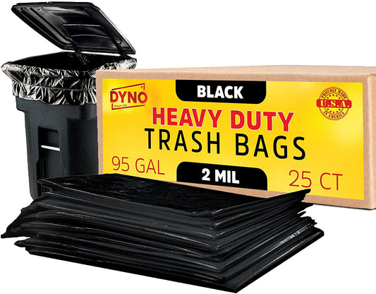 Dyno Products Online 95-Gallon, 2 Mil Thick Heavy-Duty Black Trash Bags - 25 Count Extra Large Plastic Garbage Liners Fit Huge Cans for Home Garden Lawn Yard Recycling Construction & Commercial Use