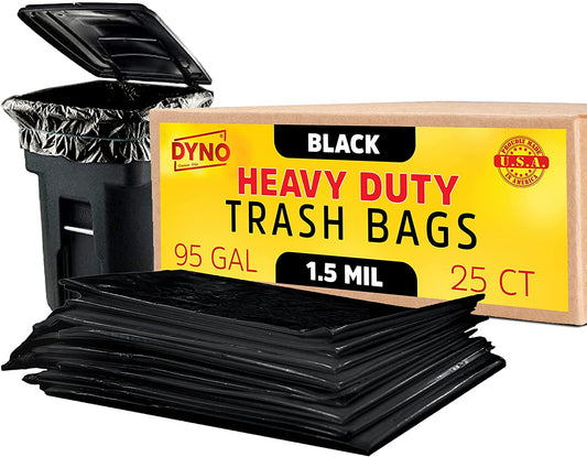 Dyno Products Online 95-96-Gallon, 1.5 Mil Thick Heavy-Duty Black Trash Bags - 25 Count Extra Large Plastic Garbage Liners Fit Huge Cans for Home Garden Lawn Yard Recycling Construction & Commercial Use