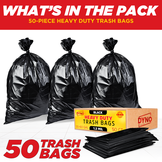 Dyno Products Online 60-Gallon, 1.2 Mil Thick Heavy-Duty Black Trash Bags - 50 Count Extra Large Plastic Garbage Liners Fit Huge Cans for Home Garden Lawn Yard Recycling Construction & Commercial Use