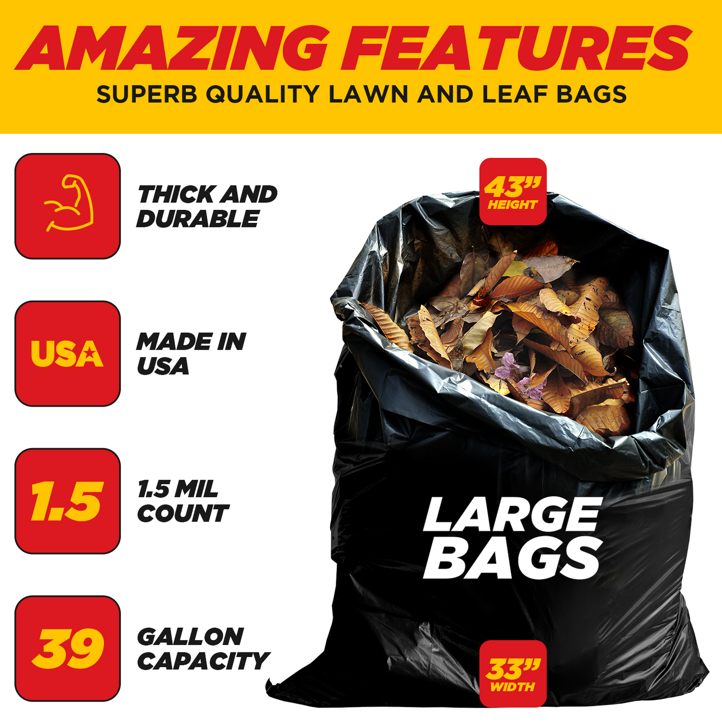 Dyno Products Online 39-Gallon, 1.5 Mil Thick Heavy-Duty Black Trash Bags - 50 Count Extra Large Plastic Garbage Liners Fit Huge Cans for Home Garden Lawn Yard Recycling Construction & Commercial Use