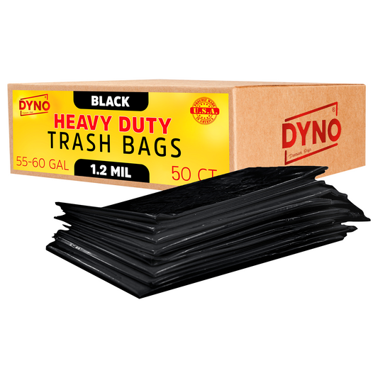 Dyno Products Online 60-Gallon, 1.2 Mil Thick Heavy-Duty Black Trash Bags - 50 Count Extra Large Plastic Garbage Liners Fit Huge Cans for Home Garden Lawn Yard Recycling Construction & Commercial Use