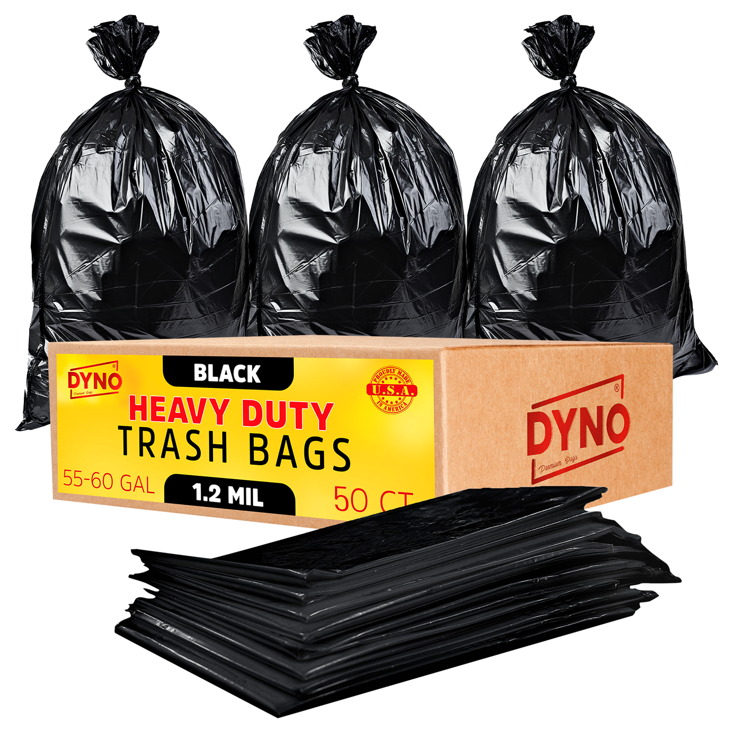 Dyno Products Online 60-Gallon, 1.2 Mil Thick Heavy-Duty Black Trash Bags - 50 Count Extra Large Plastic Garbage Liners Fit Huge Cans for Home Garden Lawn Yard Recycling Construction & Commercial Use
