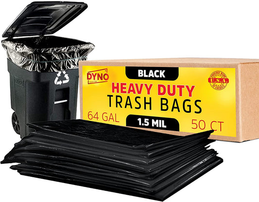Dyno Products Online 64-Gallon, 1.5 Mil Thick Heavy-Duty Black Trash Bags - 50 Count Extra Large Plastic Garbage Liners Fit Huge Cans for Home Garden Lawn Yard Recycling Construction & Commercial Use
