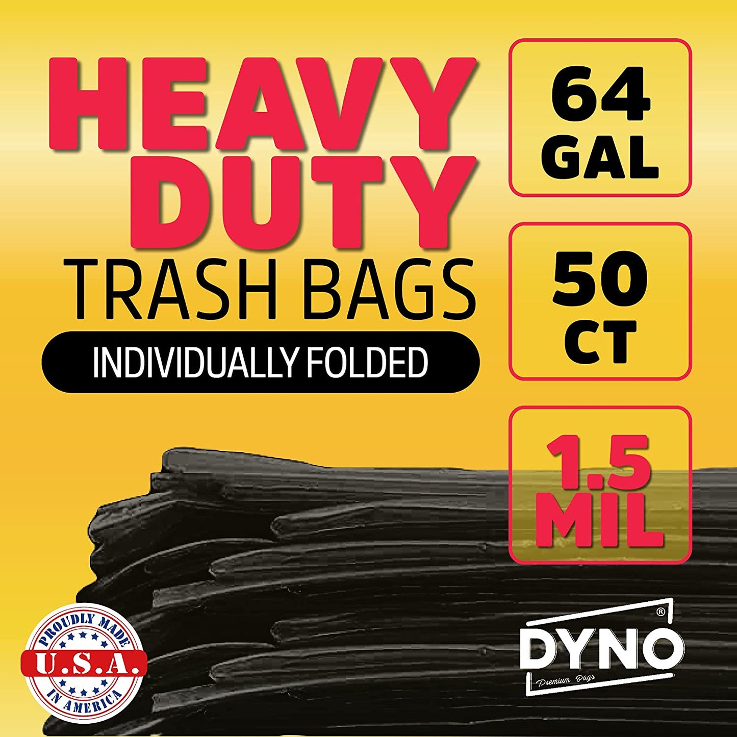 Dyno Products Online 64-Gallon, 1.5 Mil Thick Heavy-Duty Black Trash Bags - 50 Count Extra Large Plastic Garbage Liners Fit Huge Cans for Home Garden Lawn Yard Recycling Construction & Commercial Use
