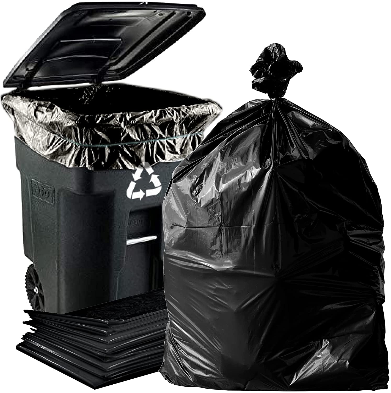 Dyno Products Online 65 Gallon Large, Heavy Duty Trash Bags, 1.5 Mil Black  - 50 Count - Individually Folded – 50W x 48L