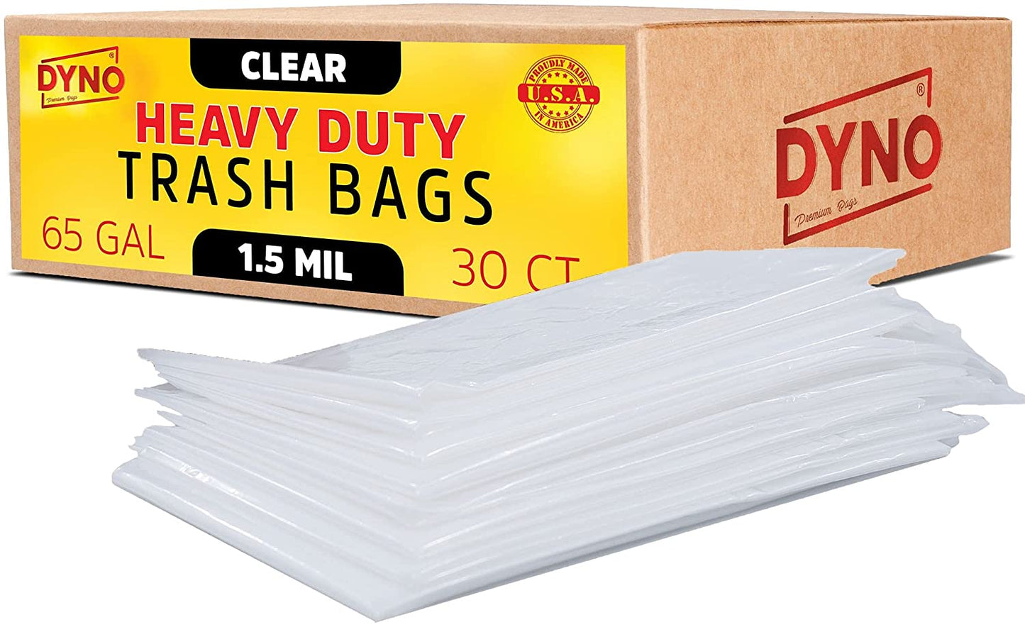 Dyno Products Online 65-Gallon, 1.5 Mil Thick Heavy-Duty Clear Trash Bags -  30 Count Extra Large Plastic Garbage Liners Fit Huge Cans for Home Garden