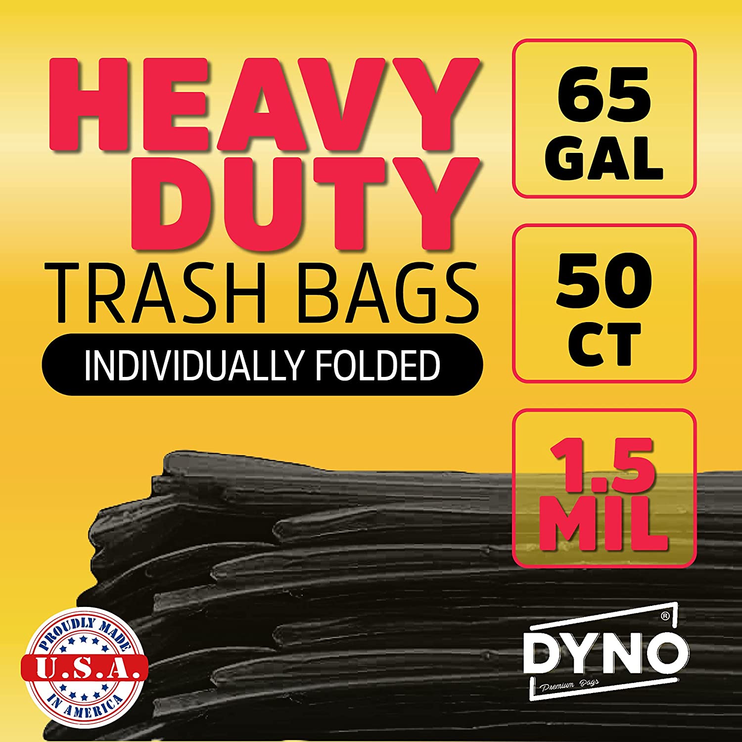 Dyno Products Online 65 Gallon Large, Heavy Duty Trash Bags, 1.5 Mil Black  - 50 Count - Individually Folded – 50W x 48L 