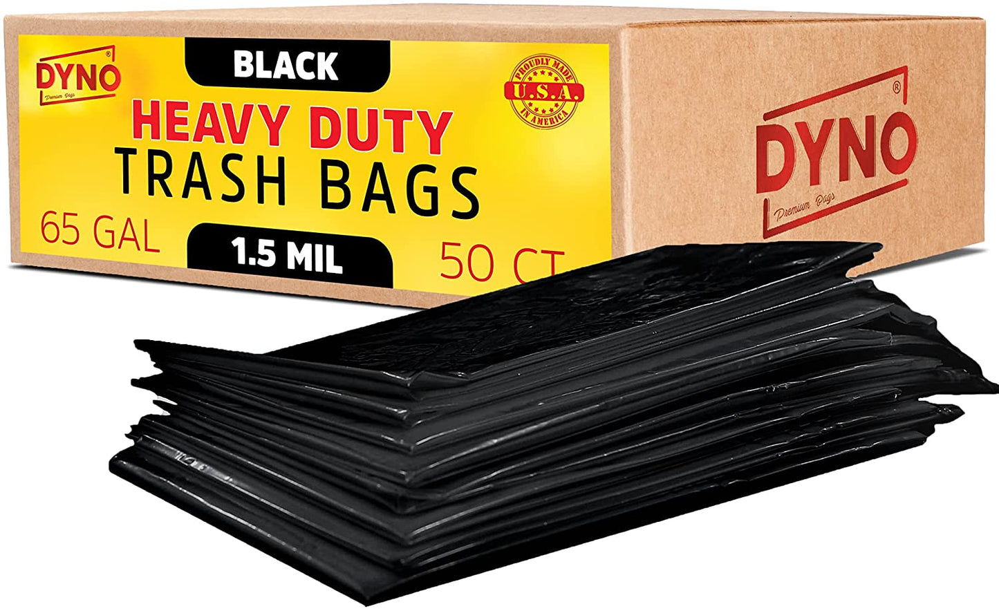 Dyno Products Online 65-Gallon, 1.5 Mil Thick Heavy-Duty Black Trash Bags - 50 Count Extra Large Plastic Garbage Liners Fit Huge Cans for Home Garden Lawn Yard Recycling Construction & Commercial Use