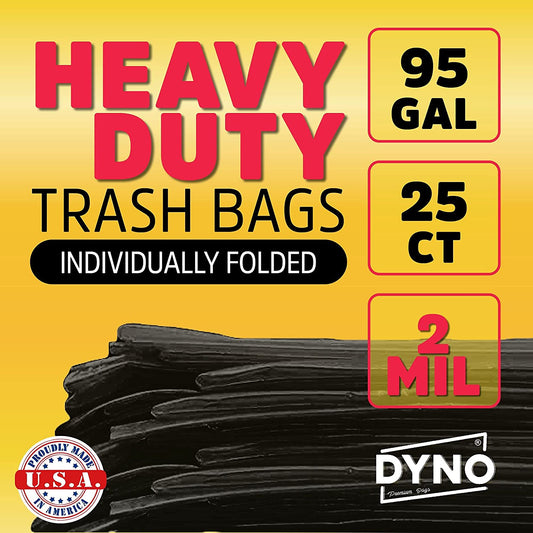 Dyno Products Online 95-Gallon, 2 Mil Thick Heavy-Duty Black Trash Bags - 25 Count Extra Large Plastic Garbage Liners Fit Huge Cans for Home Garden Lawn Yard Recycling Construction & Commercial Use