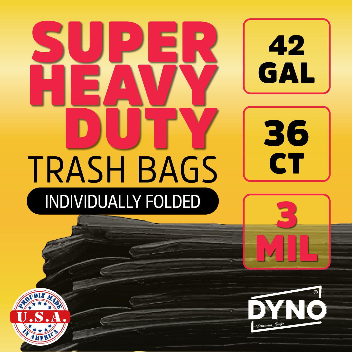 Dyno Products Online 42-Gallon, 3 Mil Thick Heavy-Duty Black Trash Bags - 36 Count Extra Large Plastic Garbage Liners Fit Huge Cans for Home Garden Lawn Yard Recycling Construction & Commercial Use