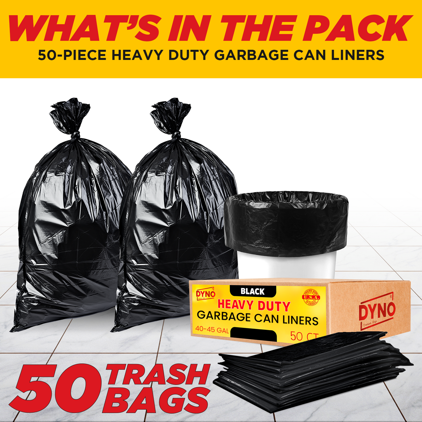 Dyno Products Online 64 Gallon Trash Bags Heavy Duty 1.5 Mil Black - 50 Count Large Trash Bags - Individually Folded - Industrial Trash Bags 64 Gallon