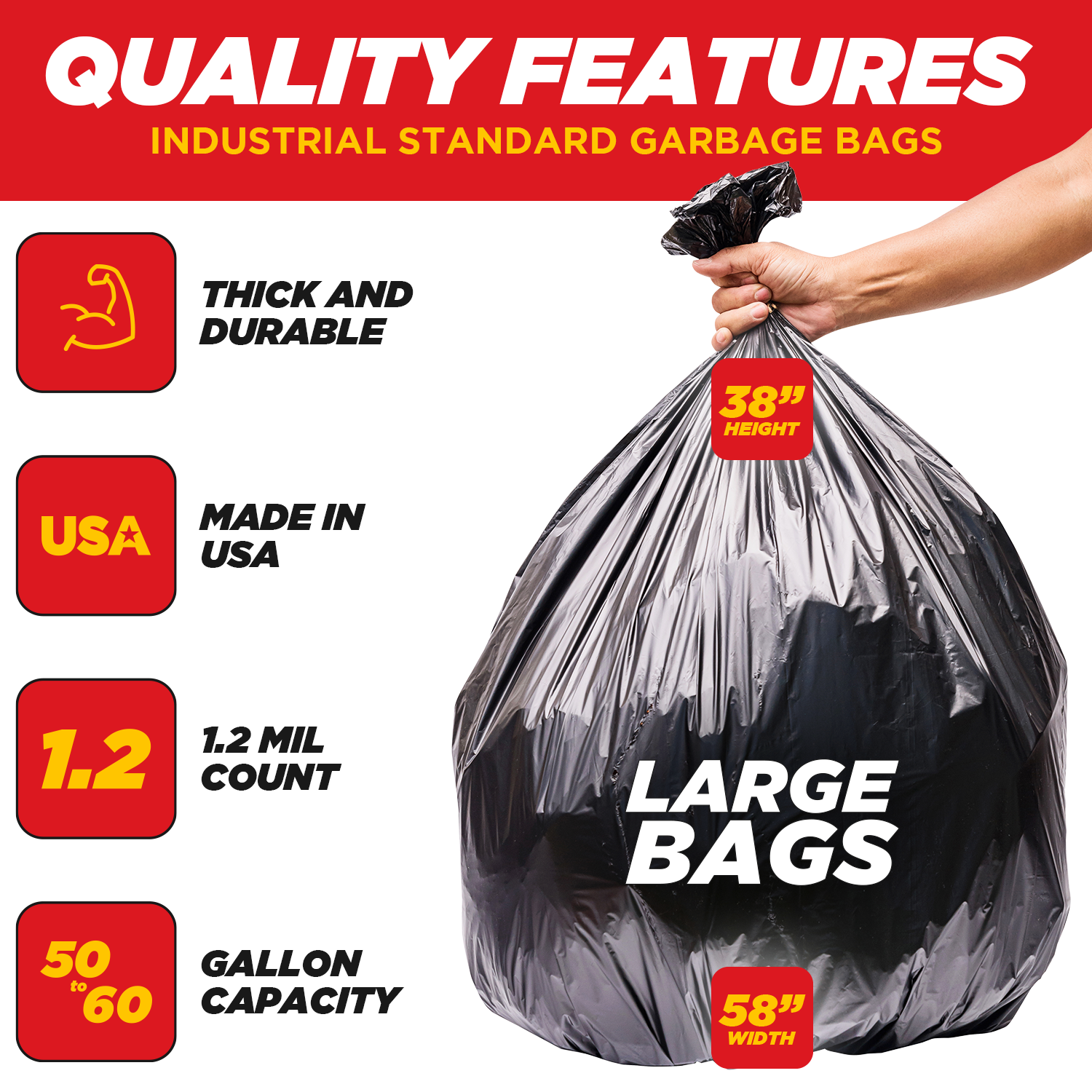 Dyno Products Online 64-Gallon, 1.2 Mil Thick Heavy-Duty Black Trash Bags -  50 Count Extra Large Plastic Garbage Liners Fit Huge Cans for Home Garden