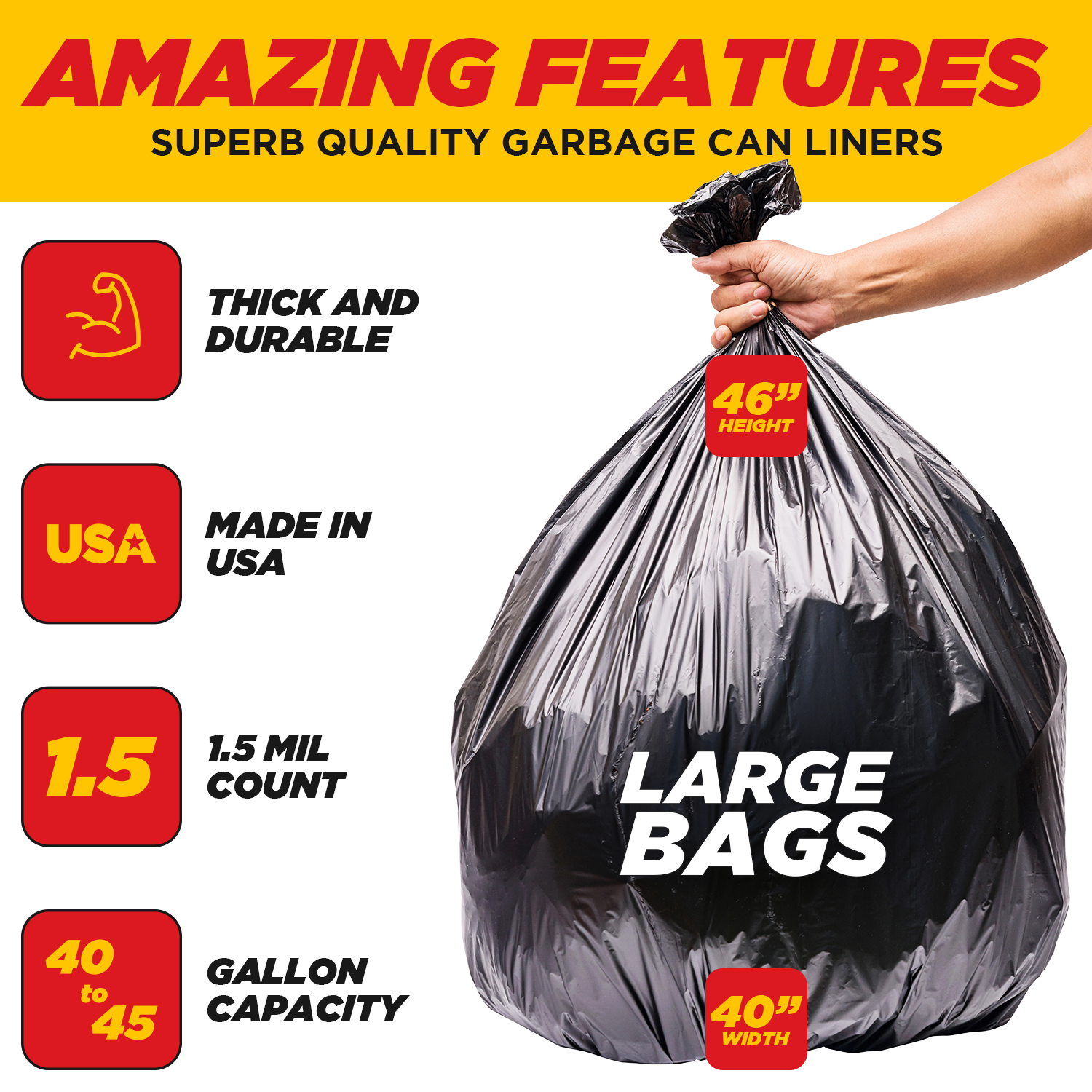 40-45 Gallon Trash Bags, (50 Bags W/Ties) Large Black Heavy Duty