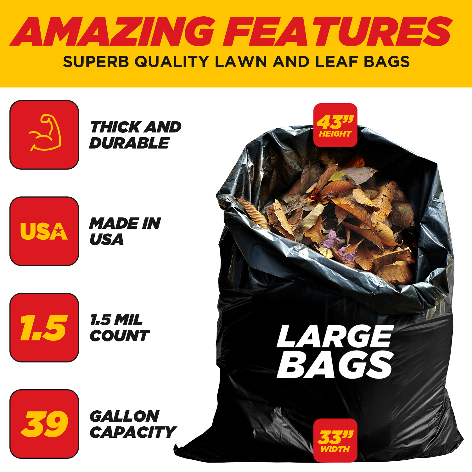 Dyno Products-42 Gallon Contractor Trash Bags Heavy Duty 3 Mil Black - 36  Count Large Trash Bags - Individually Folded - Industrial Trash Bags – 33W  x 48L 