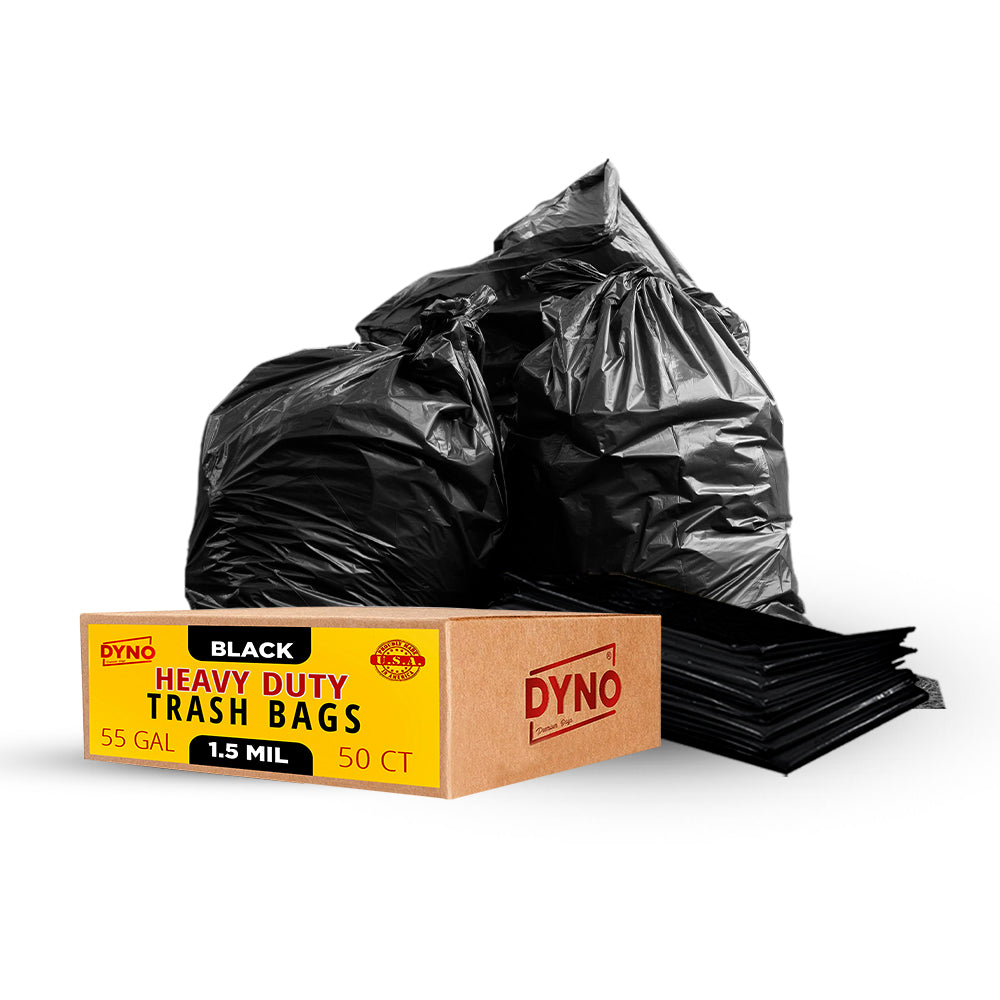 Dyno Products Online 55-Gallon, 1.5 Mil Thick Heavy-Duty Black Trash Bags, 50 Count - Large Plastic Garbage Liners Fits Huge Cans for Home Garden